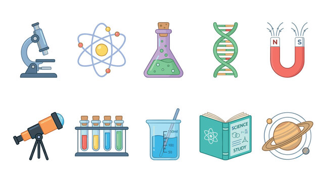 Colorful cartoon science icon set representing various scientific fields with a microscope, atom, DNA, planet, telescope, magnet, beaker, flask, and test tubes