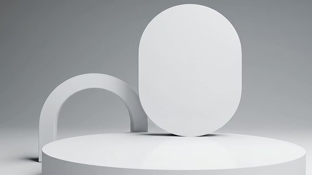 White 3D podium and abstract geometric shapes on gray background
