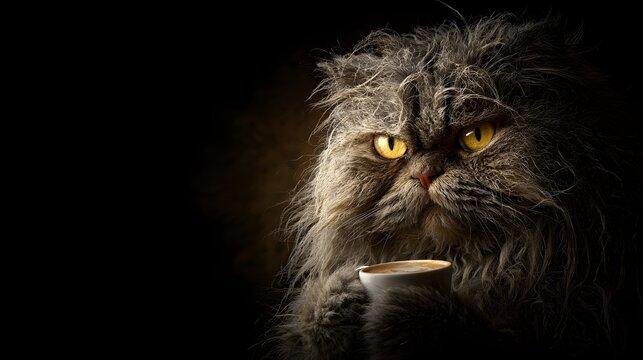 Grumpy cat holding coffee cup in dramatic lighting, humorous animal portrait, funny expression, morning mood, pet personality, cozy drink moment, dark background, creative photography scene