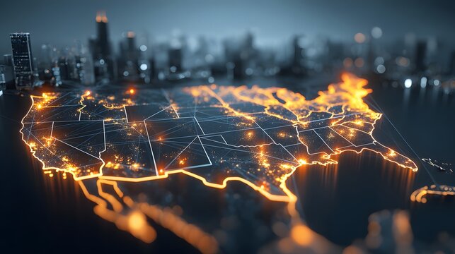 Glowing map of United States with connected network lines, digital data visualization, communication infrastructure, technology connectivity, modern analytics, smart grid, cyber network across cities
