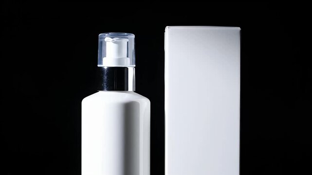 White pump bottle and box product display on black background