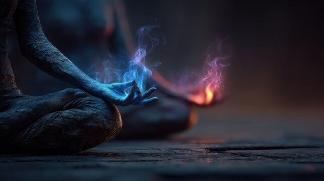 A powerful and symbolic scene of people meditating while holding glowing fire energy in their hands.. Ideal for concepts of meditation, spirituality, personal growth, and inner power.