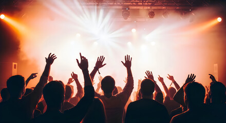 Naklejka premium Concert crowd in front of bright stage lights with raised hands