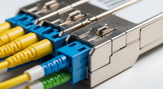 A close-up view of multiple fiber optic transceivers with colorful cables highlighting high-speed data connectivity.