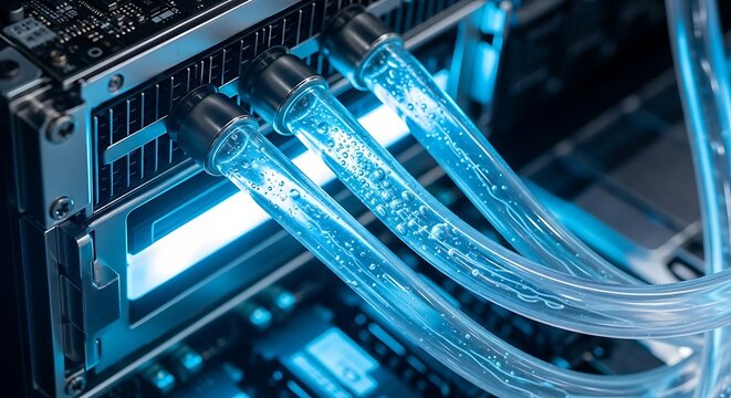 Transparent tubes filled with glowing blue liquid are part of a high-performance liquid cooling system inside a computer.