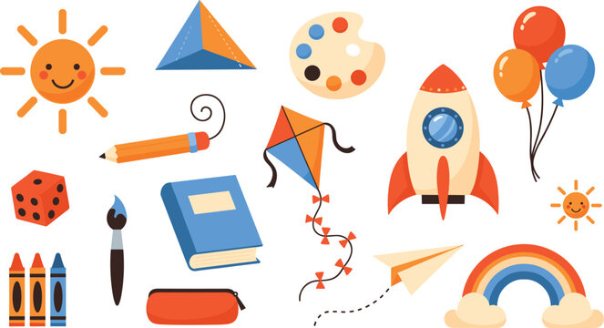 Kids Creative Elements Illustration Set with Rocket, Rainbow, Balloons, Crayons, Kite, and School Supplies in Colorful Cartoon Style for Children Design