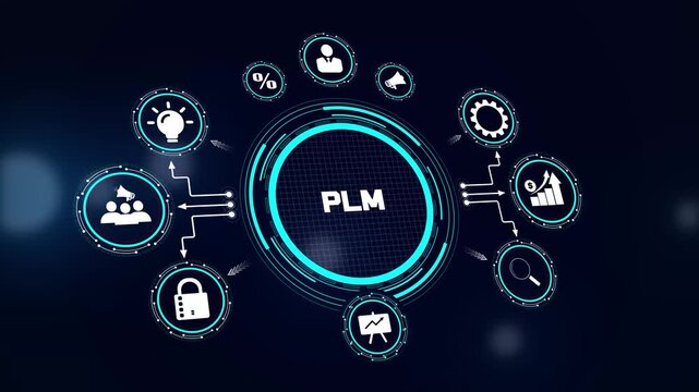Product lifecycle management plm hud animation for industrial design tracking, engineering workflow, and strategic development