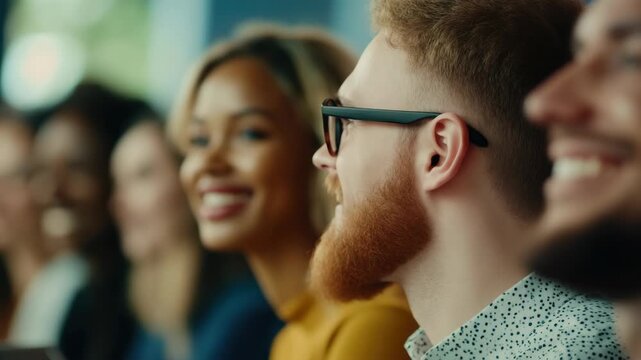 The video shows a diverse group of people smiling and engaging with one another. They seem to be enjoying themselves in what appears to be a casual or social setting.