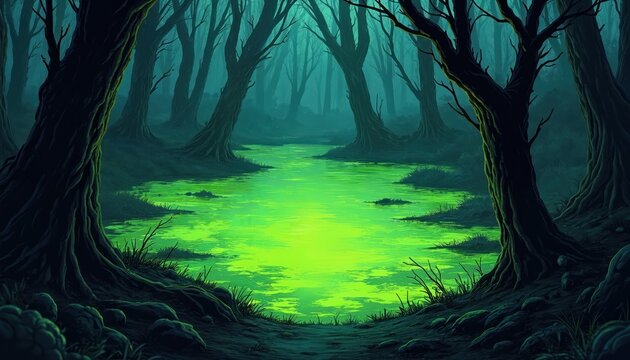 Dark forest surrounds toxic glowing green swamp water. Twisted trees form natural frame around unnatural pool. Eerie atmosphere suggests danger and mystery, unknown depths of nature.