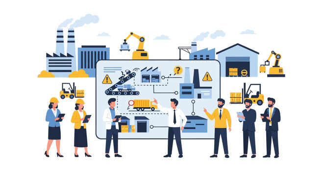 Supply Chain Management & Logistics Optimization: Business Team Analyzing Industrial Production Process Flowchart
