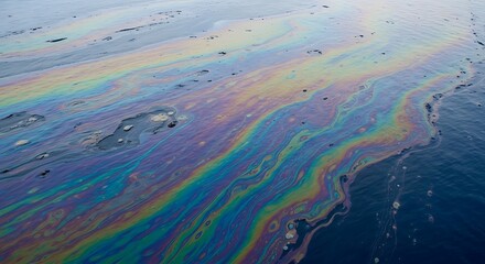 Fototapeta premium A vibrant rainbow sheen of iridescent oil is widely spread across the surface of the dark ocean water, indicating environmental pollution.