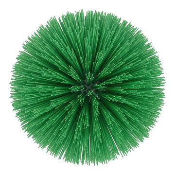 A green pipe cleaner ball sits on a transparent background with soft lighting.