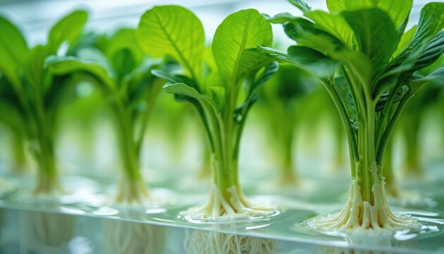 Green leafy plants grow with visible roots in water a hydroponic system. Modern farming uses tech for healthy produce cultivation indoors. Future agriculture innovation.