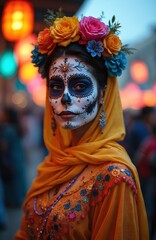 Fototapeta premium Woman in face paint skull mask with flower crown wears colorful dress. Attends Day of Dead festival celebration. Culture, tradition, remembrance event outdoors. Festive mood, blurred lights