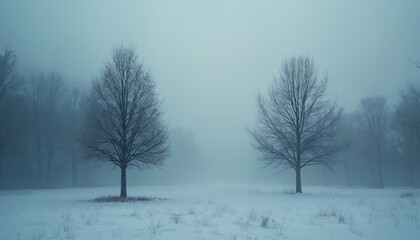 Obraz premium Bare trees stand in a snowy field, shrouded in thick winter fog. A quiet, desolate landscape fades into atmospheric haze. Cold, stark, and peaceful nature scene.