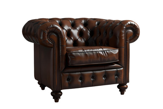 Brown leather armchair showing button tufting and rolled arms, classic english style furniture with transparent background