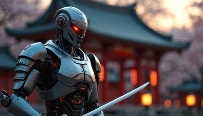 Naklejka premium Robot samurai holds katana sword near Japanese temple. Advanced android warrior with red eyes and metal armor stands outdoors. Future tech meets ancient tradition in modern Japan.