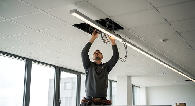 A male electrician standing on a ladder carefully installs a long modern LED light fixture into the ceiling of a new office space.