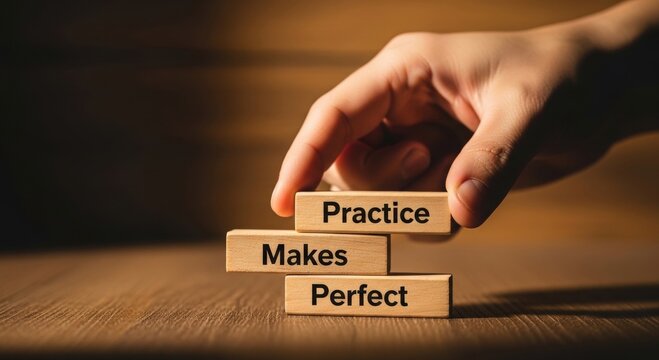 Hand carefully places wooden block practice atop makes and perfect, conveying dedication and continuous improvement