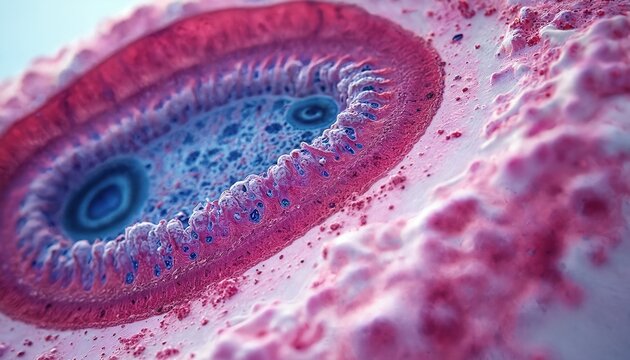 Intestine tissue cross section, inflamed villi, damaged gut lining. Microscopic view of Shigella bacteria infection causing intestinal inflammation and damage. Medical science research.