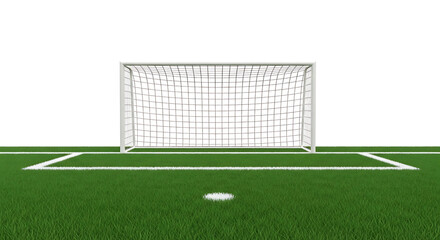 Fototapeta premium Soccer goal on green field with white lines and net