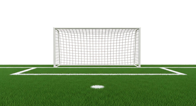 Soccer goal on green field with white lines and net