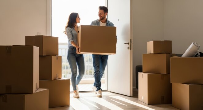 Young couple moving boxes into new modern apartment