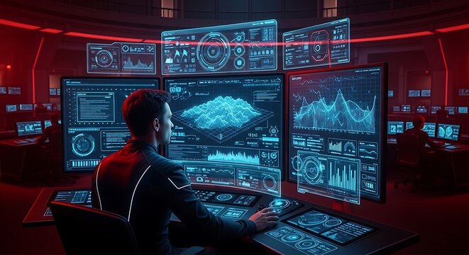 A serious man monitors multiple large screens displaying intricate data visualizations in a dark, high-tech control center.