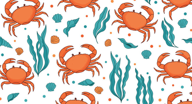 Seamless pattern with orange crabs seaweed and seashells underwater marine life ocean illustration design