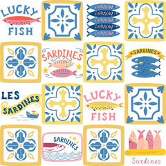 Fototapeta premium Mediterranean tile and sardines fish seamless pattern. Italian summer patchwork, mosaic print with ceramic ornament, seafood Vector hand drawn textile design, background, wallpaper, wrap paper