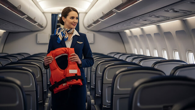 Female flight attendant holding life jacket in airplane cabin