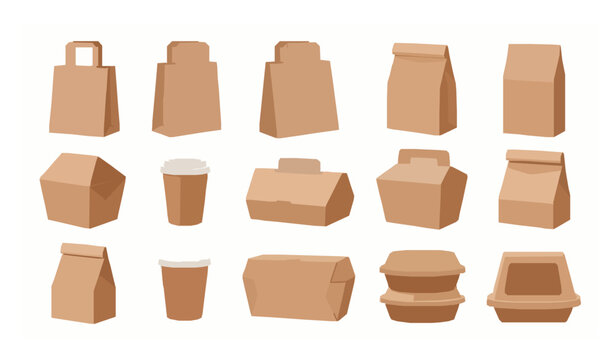 Brown kraft takeaway packaging vector set paper bags boxes and cups isolated on white background