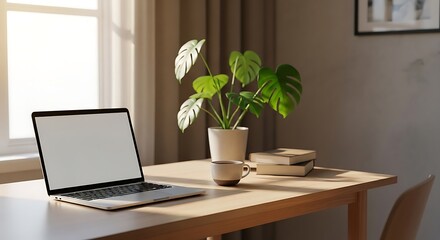 Fototapeta premium An open laptop with a blank screen sits on a warm wooden table beside a coffee cup, books, and a vibrant green plant near a bright window.