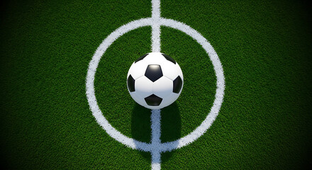 Obraz premium Soccer ball on center mark of field, aerial view, green grass and white lines