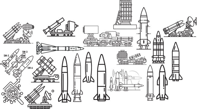 Collection vector illustration of various missile and rocket systems modern and old