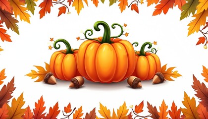 Naklejka premium Orange pumpkins and acorns sit in colorful autumn leaves forming a decorative border on white. Fall season harvest elements create a festive greeting card background.
