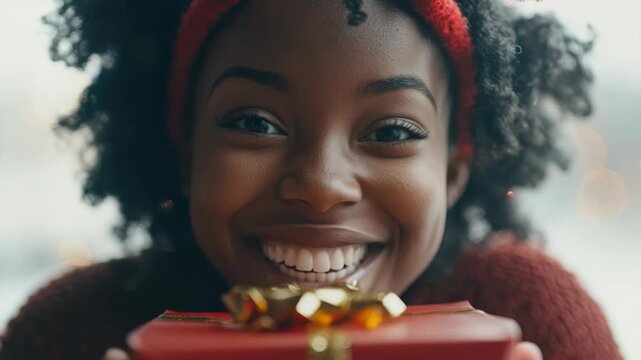 A woman smiling with a gift, wearing warm clothing and red ribbon headband.