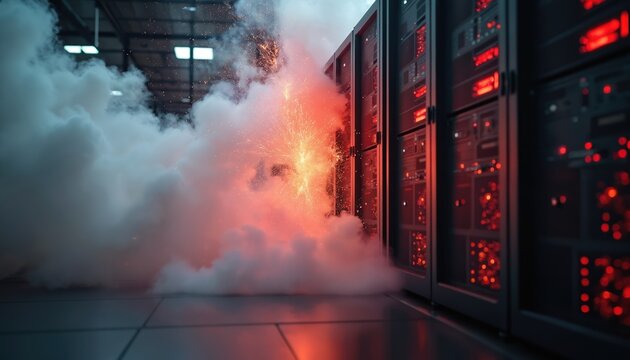 Server racks explode in sparks and smoke. Data center hardware failure causes system outage. Emergency response needed for critical tech problem. Network disruption is imminent.