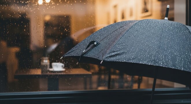 Black umbrella with raindrops in cozy cafe setting