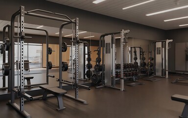 Fototapeta premium A modern and minimalist gym interior featuring professional weightlifting racks and dumbbells
