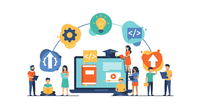 Online Education and Digital Skill Development Concept. Students Learning Web Development, Coding, and Programming via E-Learning Platform.