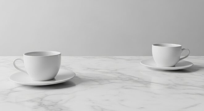 Minimalist white coffee cups on marble tabletop in simple setting