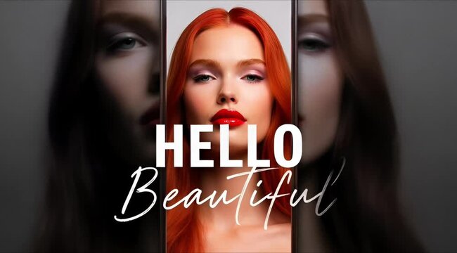 Three faces of a woman with red hair and text on a split screen