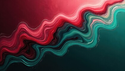 Fototapeta premium Abstract fluid art with swirling crimson, emerald green colors creating dynamic wave patterns. Liquid ink blends on dark backdrop with subtle glittery textures. Smooth motion creates flowing organic