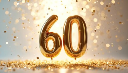 Obraz premium Golden number 60 balloons float in air with golden confetti falling. Celebratory background for anniversary or birthday party. Festive mood with bright sparkles and bokeh lights.