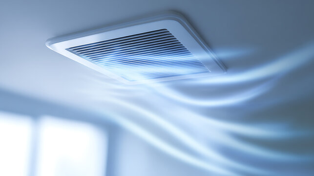 Modern HVAC system ventilation vent on ceiling with cool air stream flow to control indoor climate and improve air quality in building