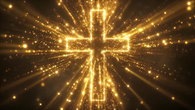 Golden cross shape emits radiant sparkling light against a dark background, suitable for religious, spiritual, celebration, festive, holidaythemed designs.