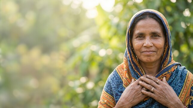 South Asian woman wearing colorful scarf stands outdoors, smiling gently with hands clasped, surrounded by lush greenery, representing resilience and hope in migration