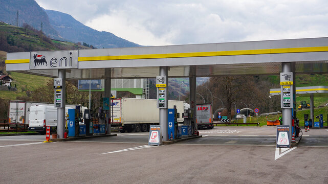 Trentino, Italy - March 11, 2026: View of the Eni gas station. Eni S.p.A. is an Italian multinational oil and gas company