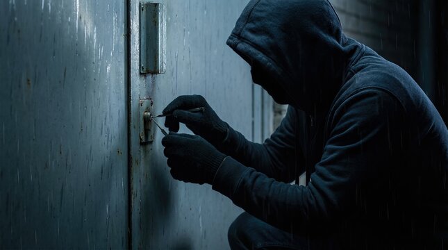 Dark silhouette of a hooded figure using a lock pick on a door in a dimly lit alley, illustrating the concept of criminal activity and stealthy behavior